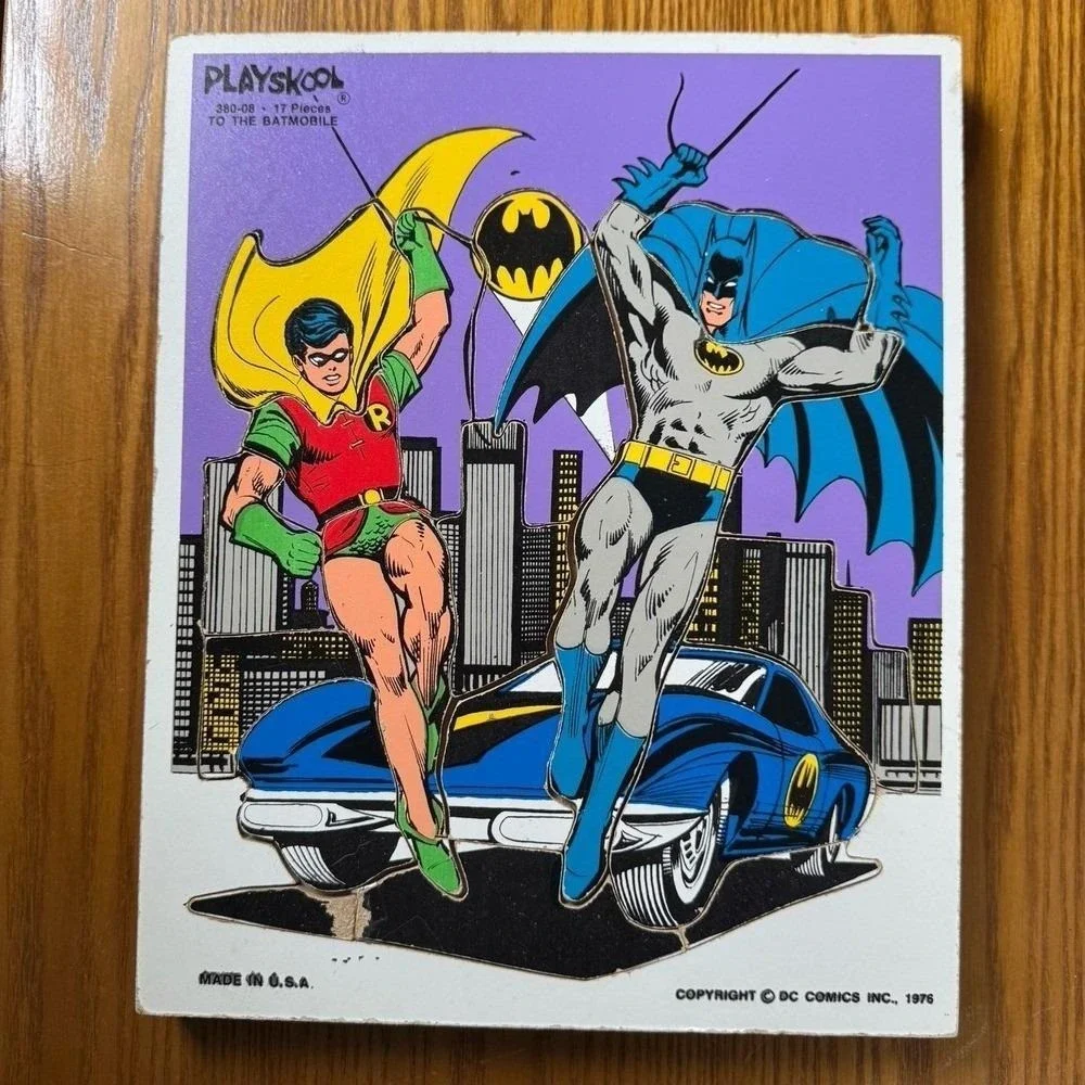 Playskool X DC Comics VTG Wooden Puzzle 1976 Batman Robin Batmobile 17 Pcs Toy